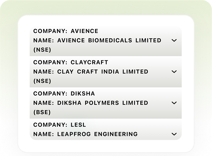 Antara IPO list showing open NSE and BSE issues, each row expandable for the full company name and issue details.