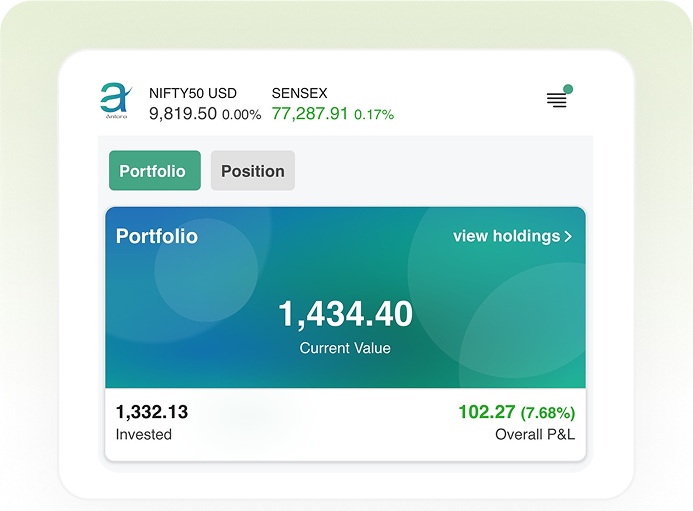 Antara dashboard showing NIFTY50 and SENSEX levels above a portfolio card with current value, invested amount and overall profit and loss.